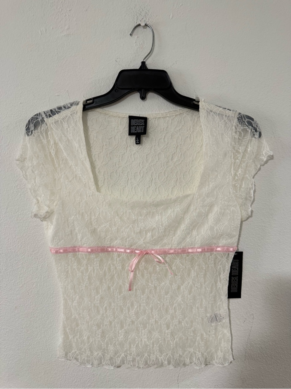 Derek Heart White Lace Chemise Top with Pink Ribbon